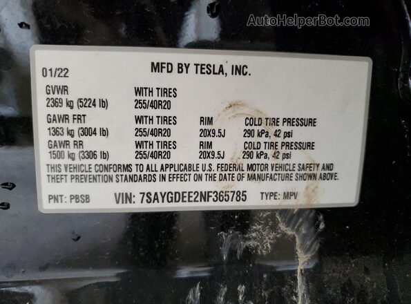 7SAYGDEE2NF365785 2022 TESLA MODEL Black VIN კოდის სტიკერის ხედი