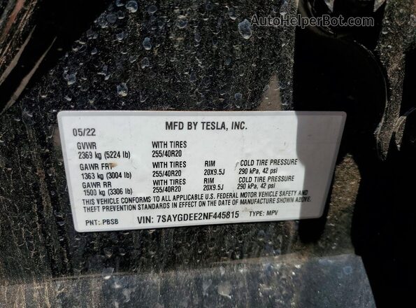 7SAYGDEE2NF445815 2022 TESLA MODEL Black Вид підкапотного простору