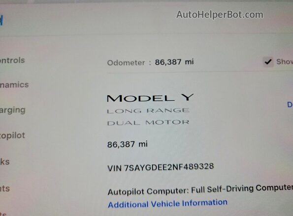 7SAYGDEE2NF489328 2022 TESLA MODEL White Вид щитка приладів