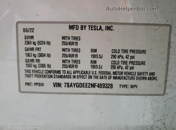 7SAYGDEE2NF489328 2022 TESLA MODEL White Панорамний вид салону 360°