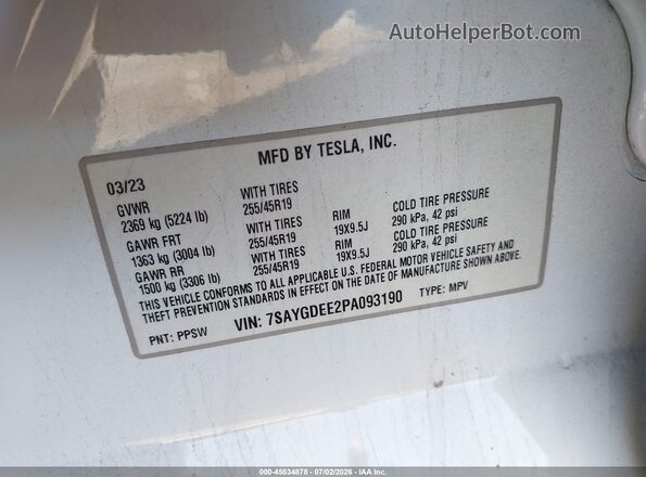 7SAYGDEE2PA093190 2023 TESLA MODEL Y White ძრავის განყოფილების ხედი
