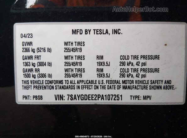 7SAYGDEE2PA107251 2023 TESLA MODEL Y Черный Вид подкапотного пространства