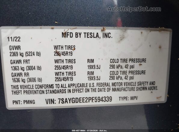 7SAYGDEE2PF594339 2023 TESLA MODEL Y Gray Widok naklejki z numerem VIN