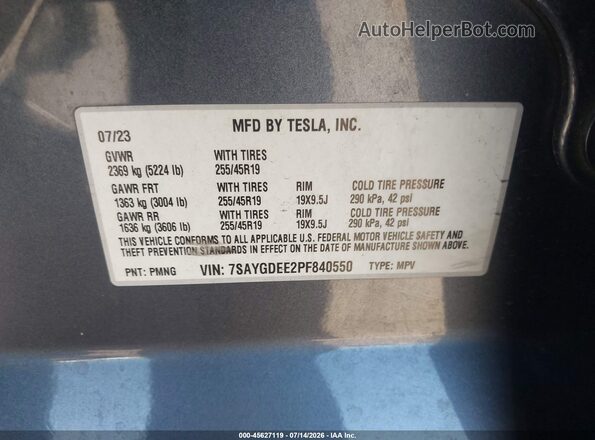 7SAYGDEE2PF840550 2023 TESLA MODEL Y Gray Vista del compartimento del motor