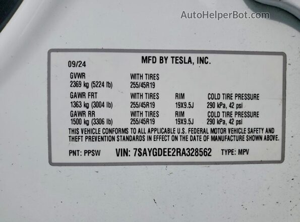 7SAYGDEE2RA328562 2024 TESLA MODEL White VIN sticker view