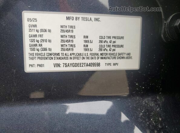 7SAYGDEE2TA409598 2026 TESLA MODEL Black VIN կոդի պիտակի տեսք