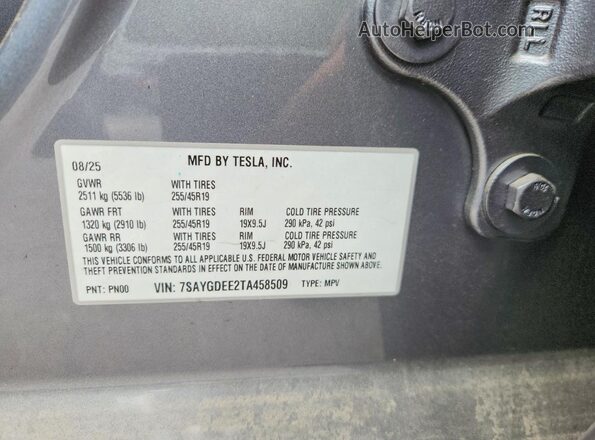 7SAYGDEE2TA458509 2026 TESLA MODEL Silver Engine compartment view