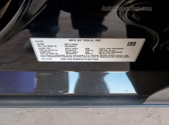 7SAYGDEE2TF627494 2026 TESLA MODEL Black VIN კოდის სტიკერის ხედი