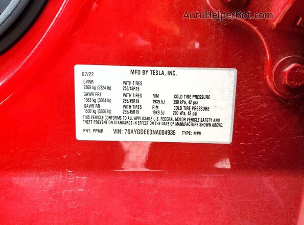 7SAYGDEE3NA004935 — 2022 TESLA MODEL History & VIN | AutoHelperBot