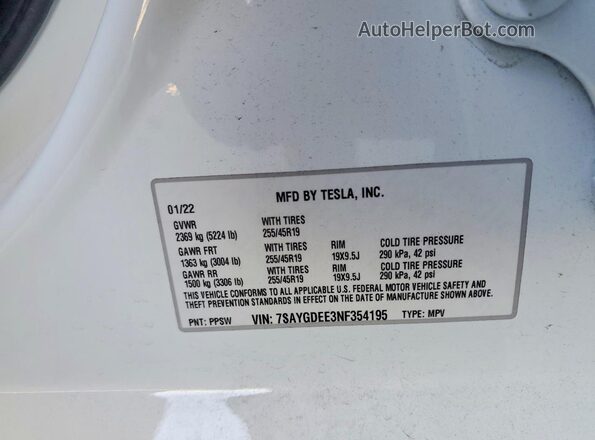 7SAYGDEE3NF354195 2022 TESLA MODEL White Vista del compartimento del motor