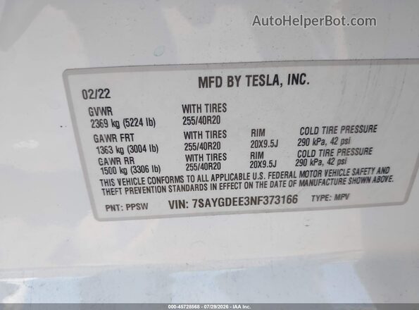7SAYGDEE3NF373166 2022 TESLA MODEL Y White Engine compartment view