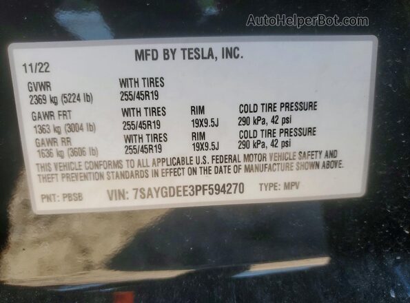 7SAYGDEE3PF594270 2023 TESLA MODEL Black Вид наклейки з VIN-кодом