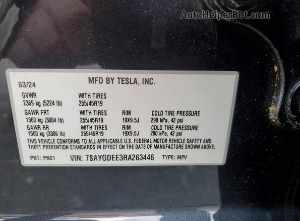 7SAYGDEE3RA263446 2024 TESLA MODEL Gray Շարժիչի բաժամունքի տեսք