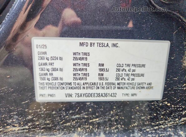 7SAYGDEE3SA361432 2025 TESLA MODEL Black Vista de la etiqueta del VIN