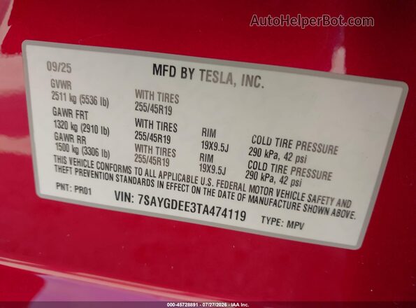 7SAYGDEE3TA474119 2026 TESLA MODEL Y Red Engine compartment view
