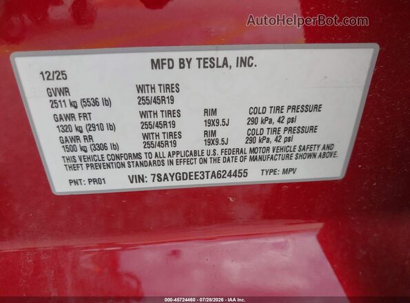 7SAYGDEE3TA624455 2026 TESLA MODEL Y Red Engine compartment view