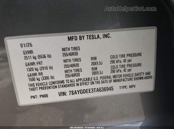 7SAYGDEE3TA636945 2026 TESLA MODEL Y Gray ძრავის განყოფილების ხედი
