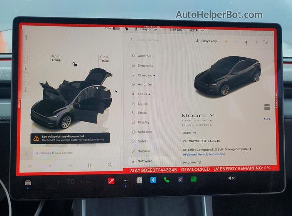7SAYGDEE3TF443245 2026 TESLA MODEL Charcoal ხელსაწყოთა პანელის ხედი