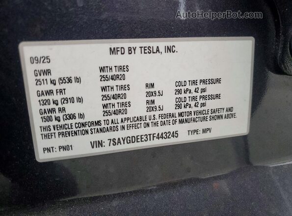 7SAYGDEE3TF443245 2026 TESLA MODEL Charcoal VIN კოდის სტიკერის ხედი