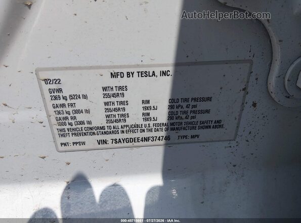 7SAYGDEE4NF374746 2022 TESLA MODEL Y White Շարժիչի բաժամունքի տեսք