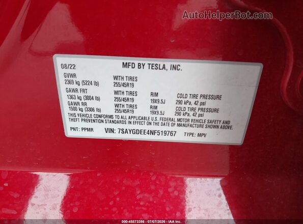 7SAYGDEE4NF519767 2022 TESLA MODEL Y Red Vista del compartimento del motor