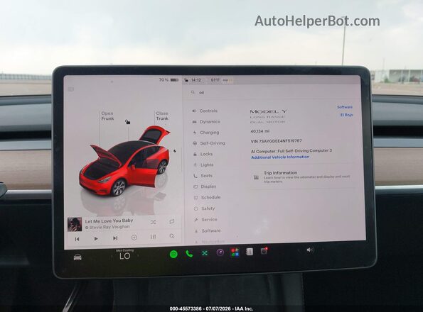7SAYGDEE4NF519767 2022 TESLA MODEL Y Red Vista de los asientos traseros
