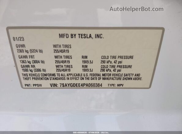 7SAYGDEE4PA060384 2023 TESLA MODEL Y White Widok komory silnika