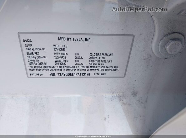 7SAYGDEE4PA113178 2023 TESLA MODEL Y White Widok komory silnika