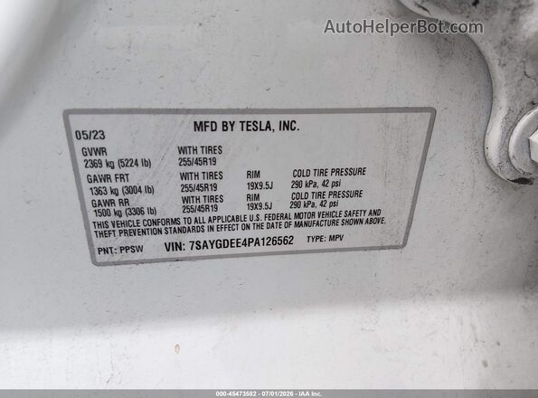 7SAYGDEE4PA126562 2023 TESLA MODEL Y White ძრავის განყოფილების ხედი