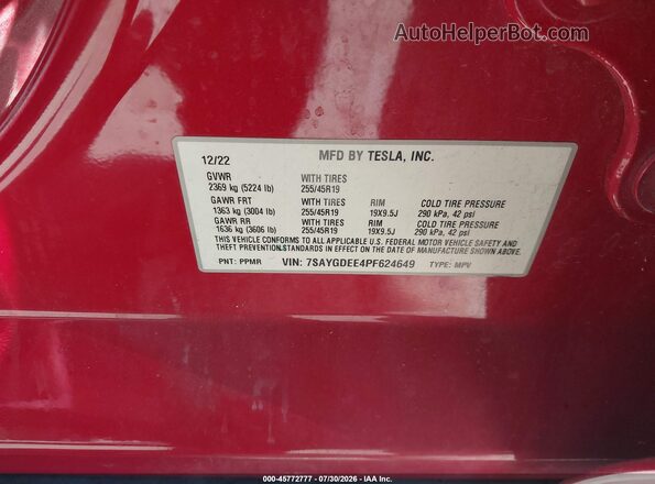 7SAYGDEE4PF624649 2023 TESLA MODEL Y Red Engine compartment view