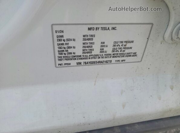 7SAYGDEE4RA216278 2024 TESLA MODEL White ძრავის განყოფილების ხედი