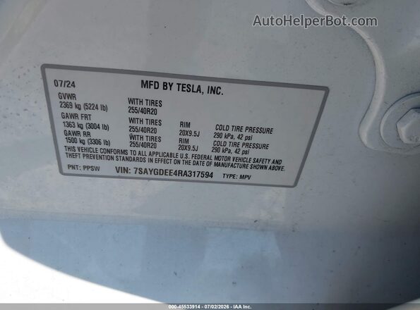 7SAYGDEE4RA317594 2024 TESLA MODEL Y White Вид підкапотного простору