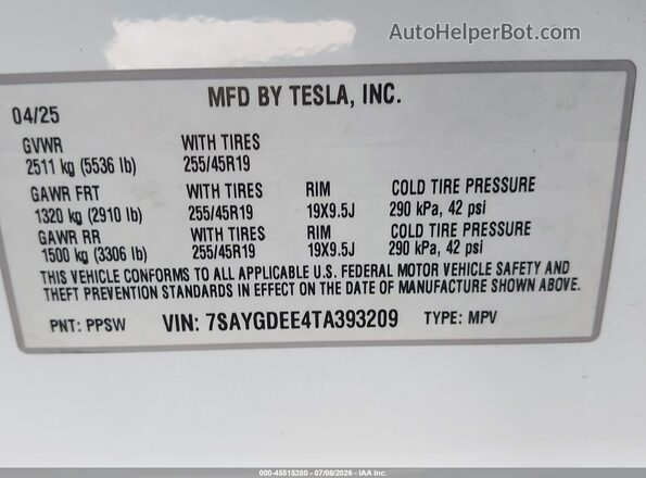 7SAYGDEE4TA393209 2026 TESLA MODEL Y Белый Вид подкапотного пространства
