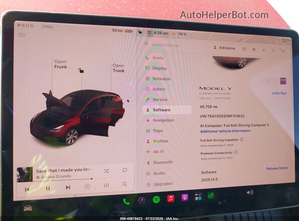 7SAYGDEE5NF314622 2022 TESLA MODEL Y Red Widok tylnych siedzeń