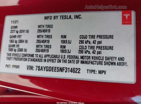 7SAYGDEE5NF314622 2022 TESLA MODEL Y Red Widok komory silnika