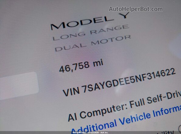 7SAYGDEE5NF314622 2022 TESLA MODEL Y Red 