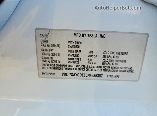 7SAYGDEE5NF386307 2022 TESLA MODEL Белый Вид подкапотного пространства