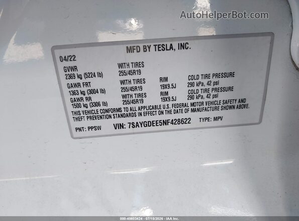 7SAYGDEE5NF428622 2022 TESLA MODEL Y White Вид підкапотного простору