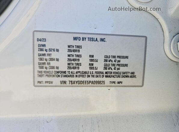 7SAYGDEE5PA099825 2023 TESLA MODEL White VIN კოდის სტიკერის ხედი