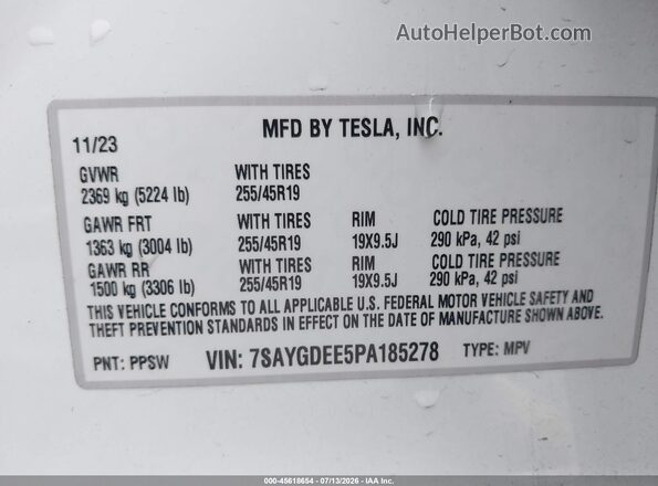 7SAYGDEE5PA185278 2023 TESLA MODEL Y White Widok komory silnika