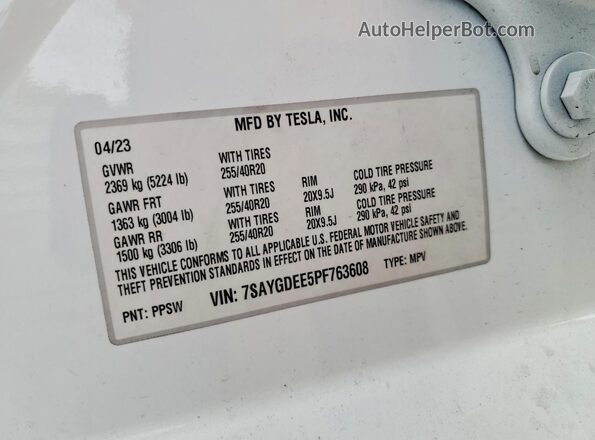 7SAYGDEE5PF763608 2023 TESLA MODEL White Вид наклейки з VIN-кодом