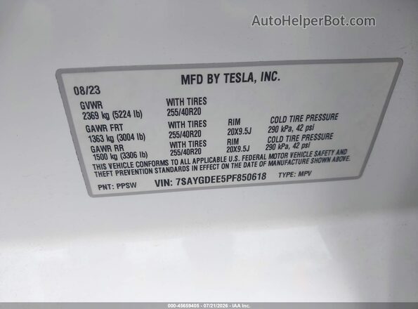 7SAYGDEE5PF850618 2023 TESLA MODEL Y White Вид підкапотного простору