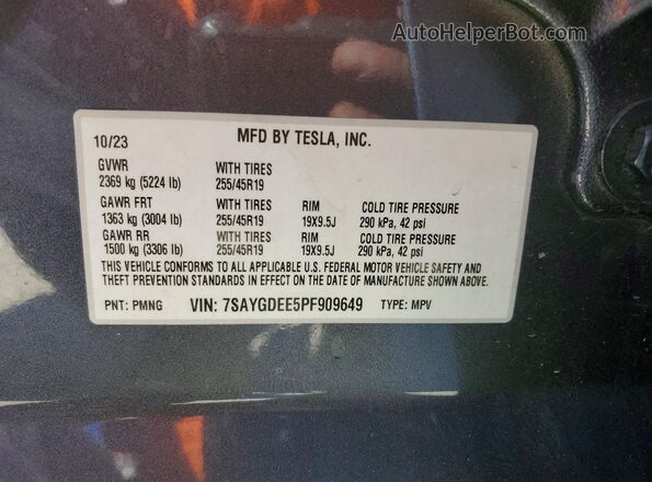 7SAYGDEE5PF909649 2023 TESLA MODEL Charcoal Vista interior de 360 grados