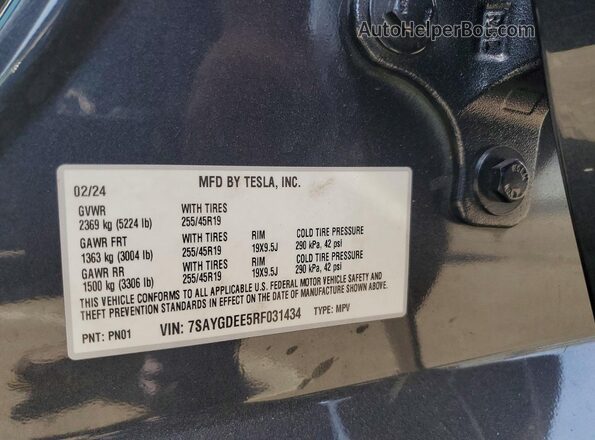 7SAYGDEE5RF031434 2024 TESLA MODEL Серый Вид наклейки с VIN-кодом