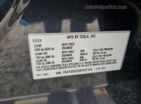 7SAYGDEE5RF037184 2024 TESLA MODEL Gray VIN კოდის სტიკერის ხედი
