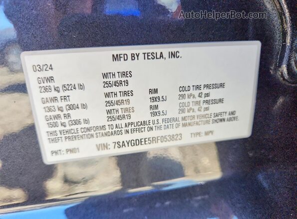 7SAYGDEE5RF053823 2024 TESLA MODEL Угольный Вид наклейки с VIN-кодом