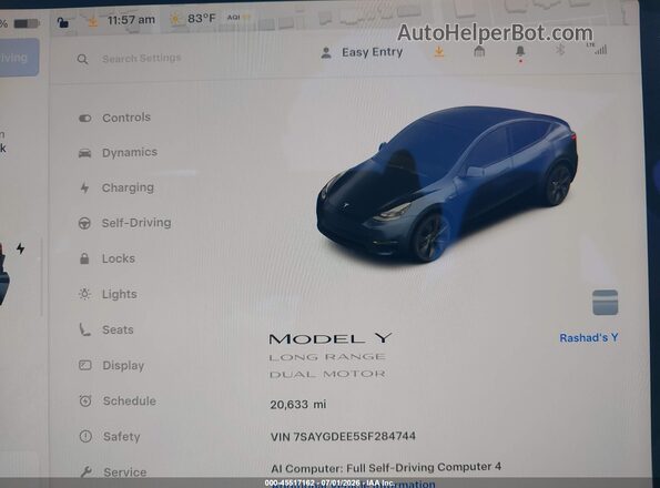 7SAYGDEE5SF284744 2025 TESLA MODEL Y Серый 