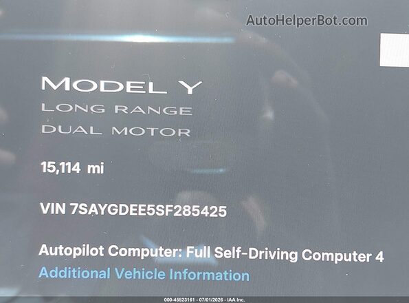 7SAYGDEE5SF285425 2025 TESLA MODEL Y Dark Blue Панорамный вид салона 360°