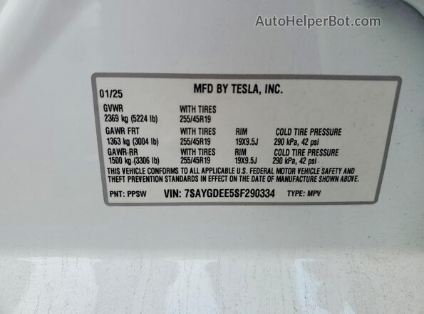 7SAYGDEE5SF290334 2025 TESLA MODEL Белый Вид подкапотного пространства