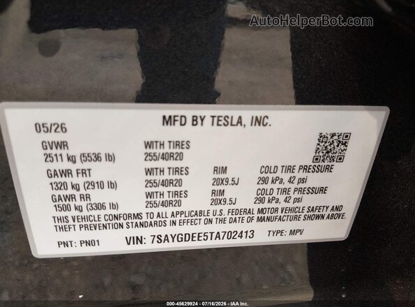 7SAYGDEE5TA702413 2026 TESLA MODEL Y Gray Вид підкапотного простору